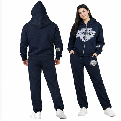 Navy Blue Unisex Drop Shoulder Double Hooded Tracksuit Sweatsuit Premium Rhinestone Fleece