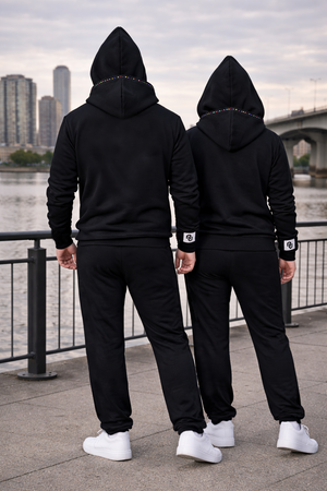 Black Unisex Drop Shoulder Double Hooded Tracksuit Fleece Embroidered Sweatsuit Jogger