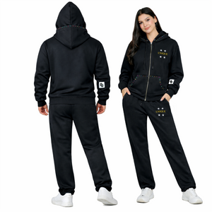 Black Unisex Drop Shoulder Double Hooded Tracksuit Fleece Embroidered Sweatsuit Jogger