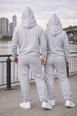 Grey Unisex Drop Shoulder Double Hooded Tracksuit Fleece Embroidered Sweatsuit Jogger