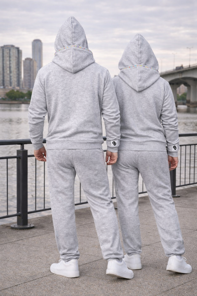 Grey Unisex Drop Shoulder Double Hooded Tracksuit Fleece Embroidered Sweatsuit Jogger