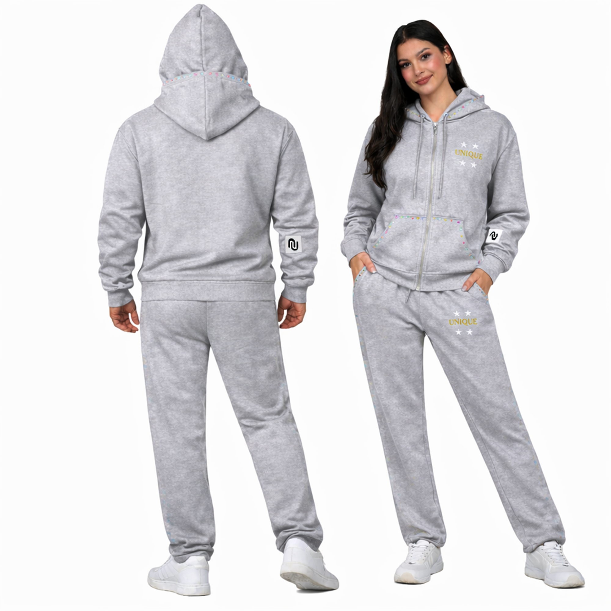 Grey Unisex Drop Shoulder Double Hooded Tracksuit Fleece Embroidered Sweatsuit Jogger