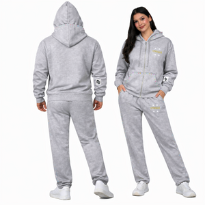 Grey Unisex Drop Shoulder Double Hooded Tracksuit Fleece Embroidered Sweatsuit Jogger