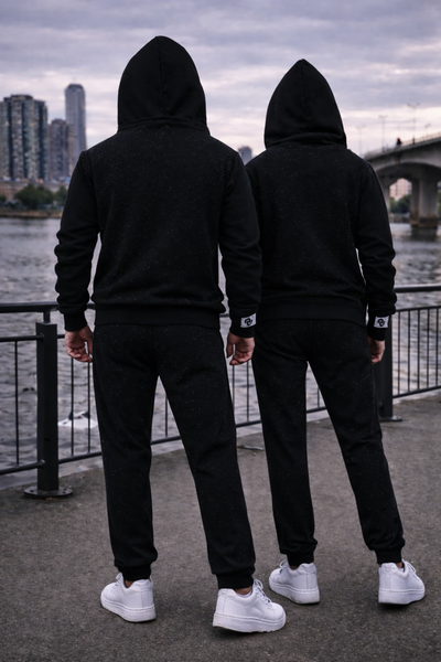 Black Unisex Drop Shoulder Hooded Tracksuit Sweatsuit Premium Rhinestone Fleece