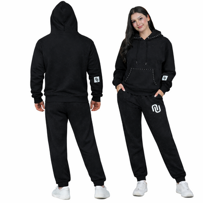 Black Unisex Drop Shoulder Hooded Tracksuit Sweatsuit Premium Rhinestone Fleece