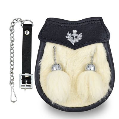 Boy Semi Dress White Fur Kilt Sporran with a Thistle Emblem & Chain Belt
