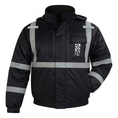 Full Black High Visibility Reflective Jackets for Men, Waterproof Safety Jacket with Pockets Men’s Work Construction Coats