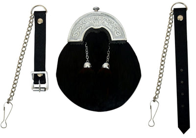 CHILDREN BOY BLACK RABBIT FUR FULL DRESS SPORRAN CHROME FINISH CANTLE 2 TASSELS