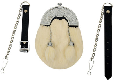 CHILDREN BOY WHITE RABBIT FUR FULL DRESS SPORRAN CHROME FINISH CANTLE 2 TASSELS