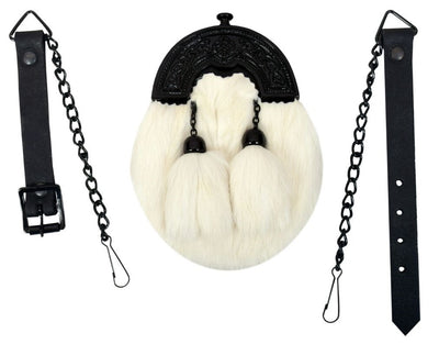 CHILDREN BOY WHITE RABBIT FUR FULL DRESS SPORRAN BLACK FINISH CANTLE 2 TASSELS