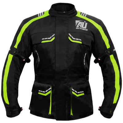 Hi-vis Green Motorcycle Jacket for Men Adventure/Touring Textile CE Armoured Reflectors