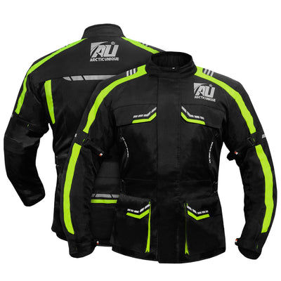 Hi-vis Green Motorcycle Jacket for Men Adventure/Touring Textile CE Armoured Reflectors