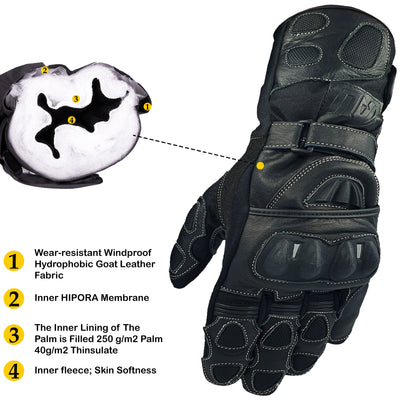 Black Polar Force Leather Waterproof Thermal Winter Motorcycle Motorbike Gloves