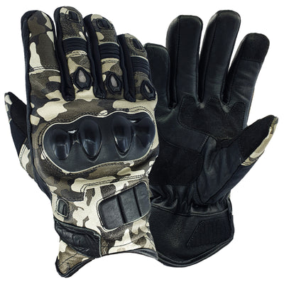 Camouflage Motorcycle Motorbike Gloves Men's Premium Short Leather Knuckle Protection