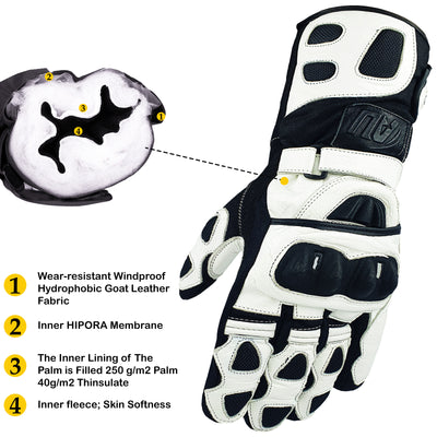 White Polar Force Leather Waterproof Thermal Winter Motorcycle Motorbike Gloves