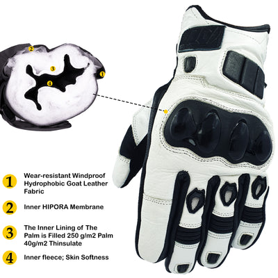 White Motorcycle Motorbike Gloves Men's Premium Short Leather Knuckle Protection