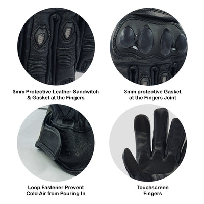Black Motorcycle Motorbike Gloves Men's Premium Short Leather Knuckle Protection