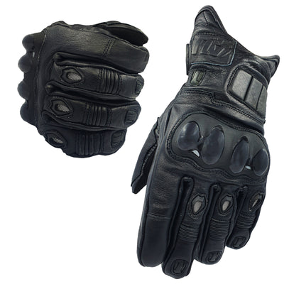 Black Motorcycle Motorbike Gloves Men's Premium Short Leather Knuckle Protection