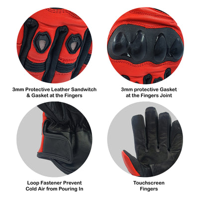Red Motorcycle Motorbike Gloves Men's Premium Short Leather Knuckle Protection