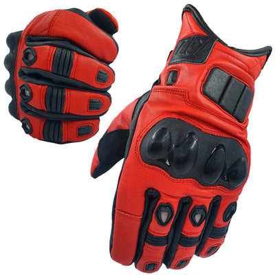 Red Motorcycle Motorbike Gloves Men's Premium Short Leather Knuckle Protection