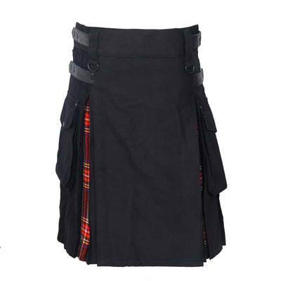 Black Stewart Men's Hybrid Utility Kilt - Durable Cotton Jeans Fabric Kilt for Men with Cargo Style Pockets Traditional Modern Kilt